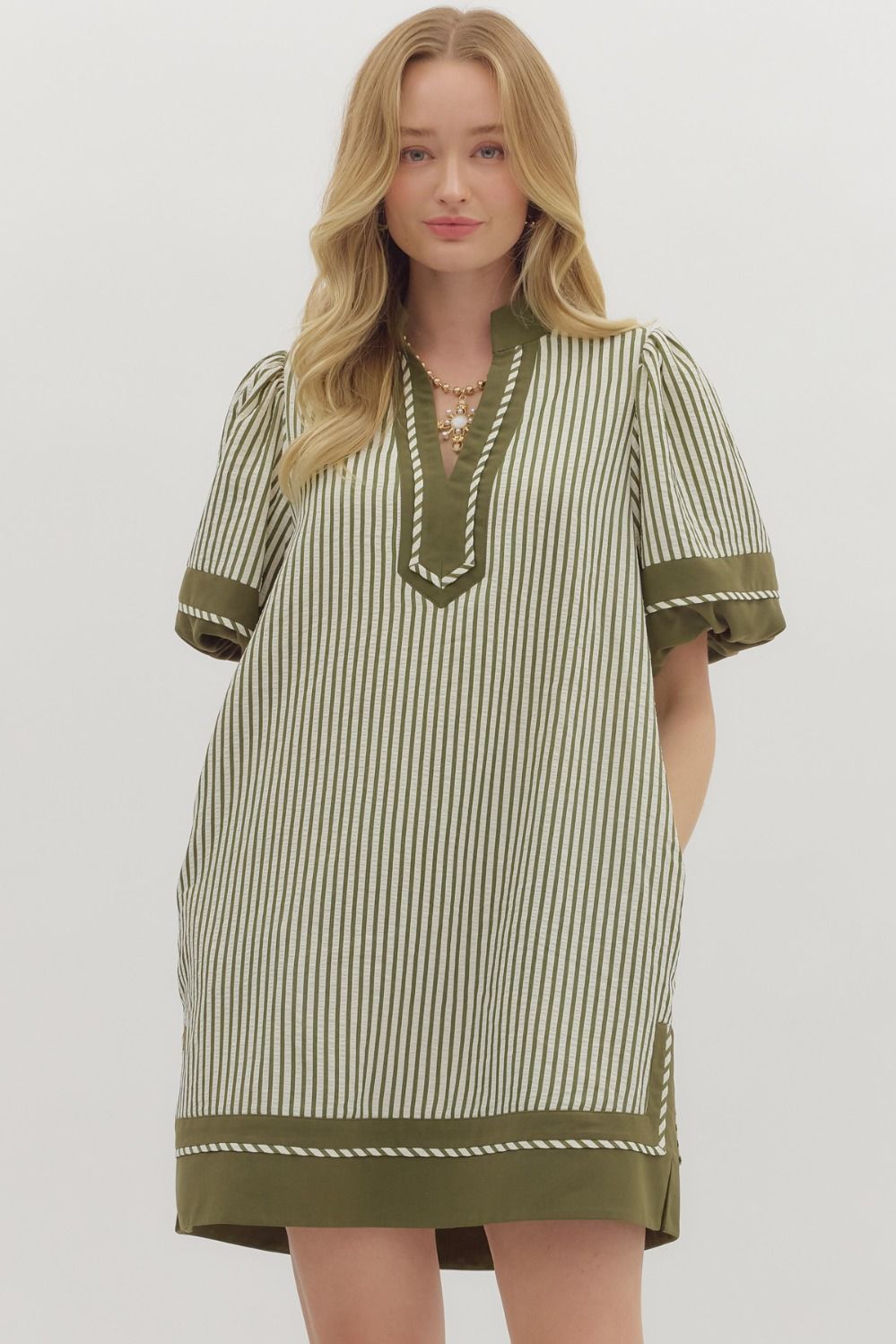 Entro Seersucker Lantern Sleeve Mini Dress