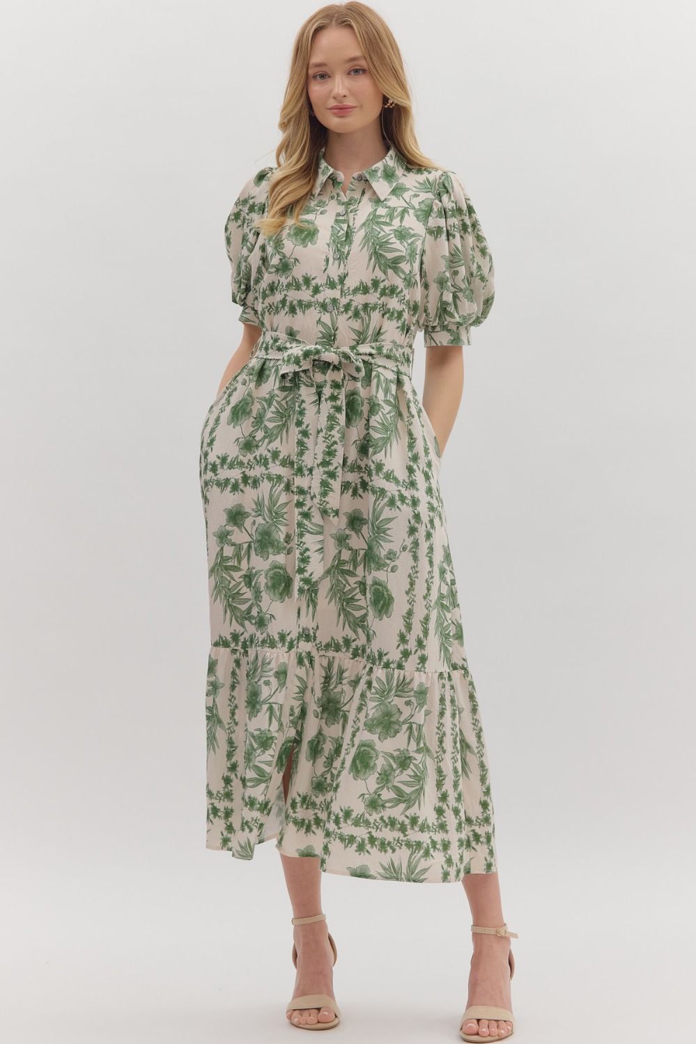 Entro Basil Floral Print Collar Belted Dress