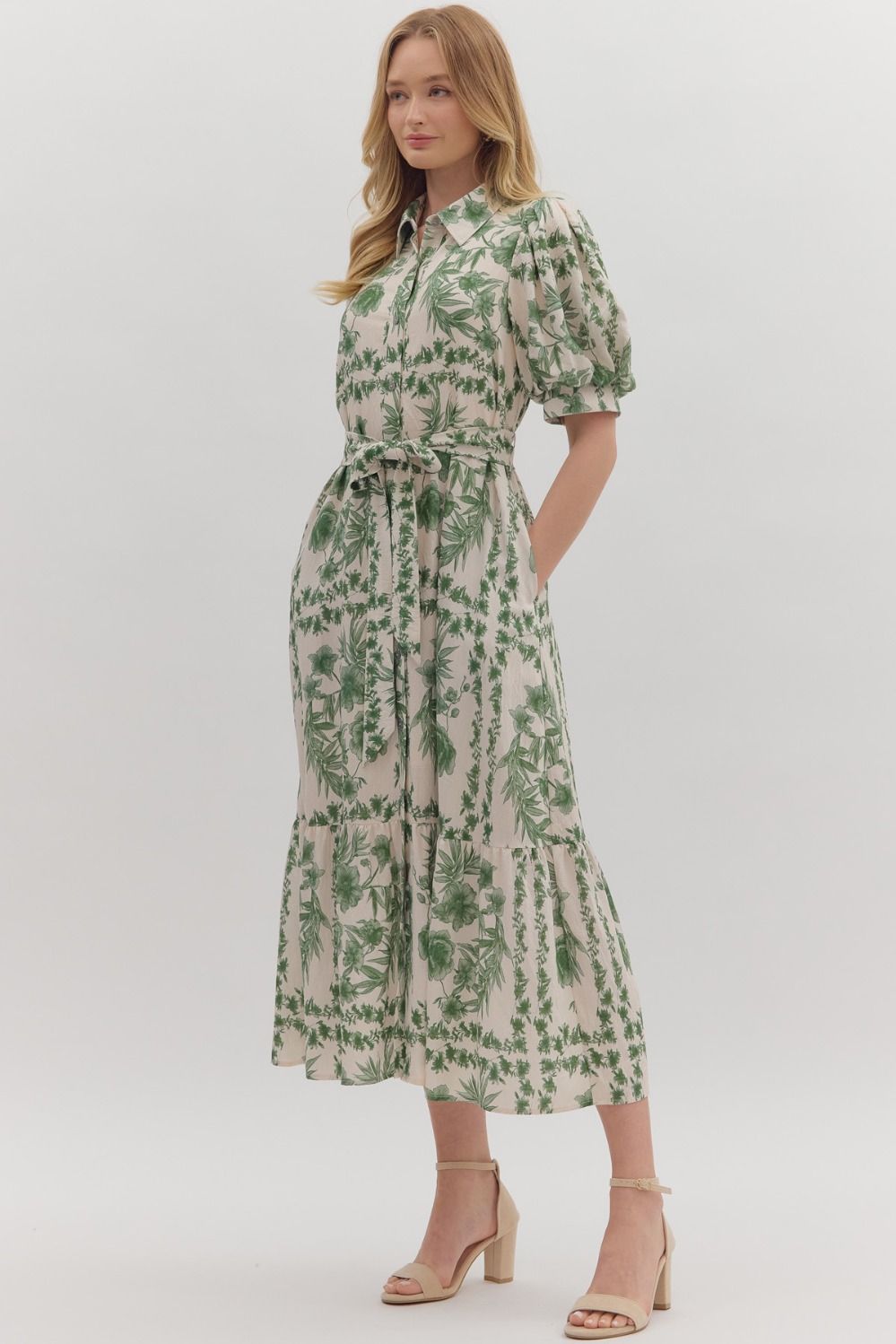 Entro Basil Floral Print Collar Belted Dress
