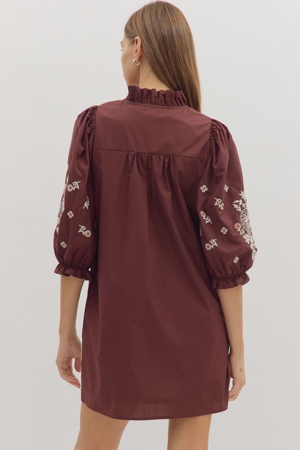 Entro Floral Embroidery 3/4 Sleeve Mini Dress