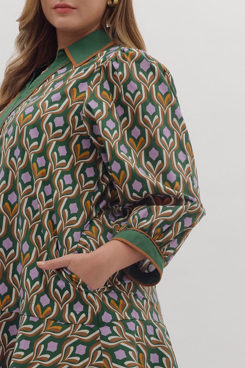 Entro Plus Geometric Long Sleeve Ruffle Dress