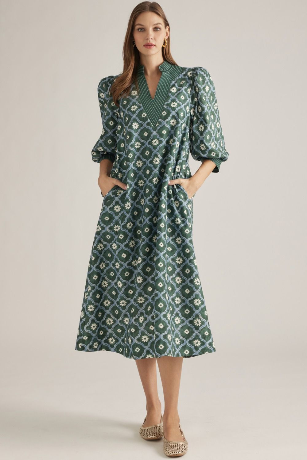Entro Printed Midi Dress with Contrast Trim