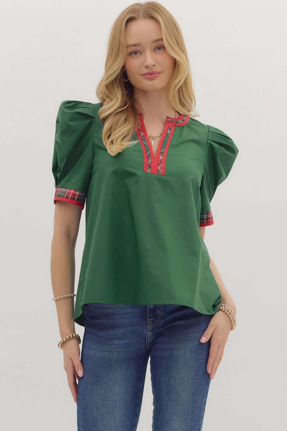 Entro Puff Sleeve Top with Plaid Contrast