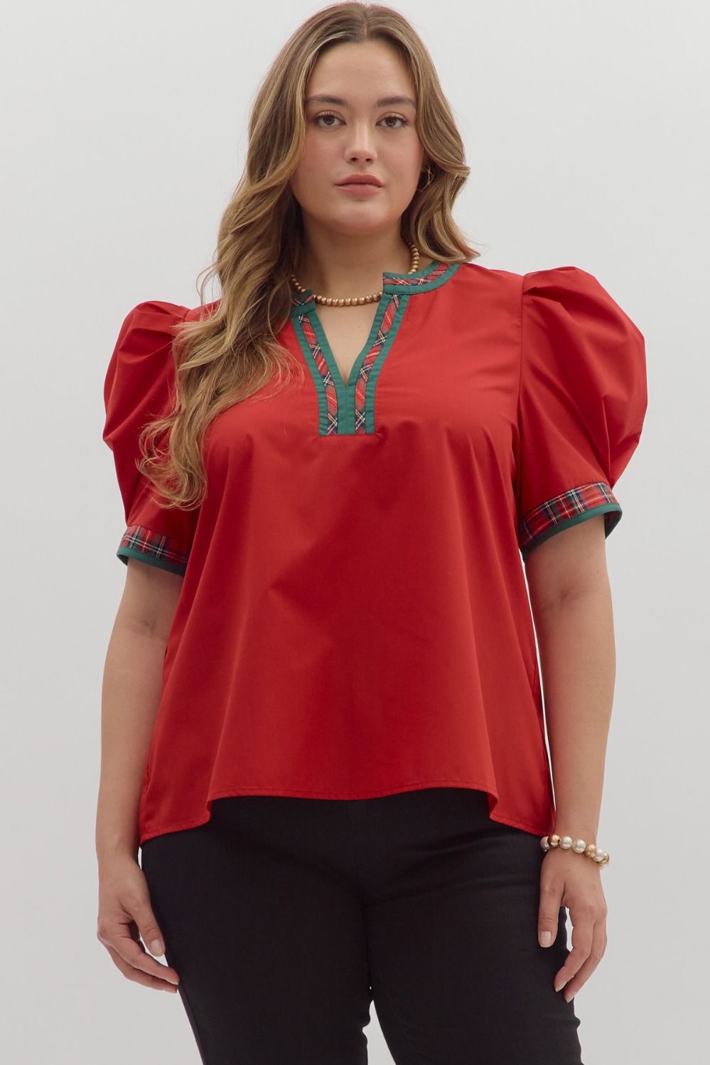 Entro Puff Sleeve Top with Plaid Contrast