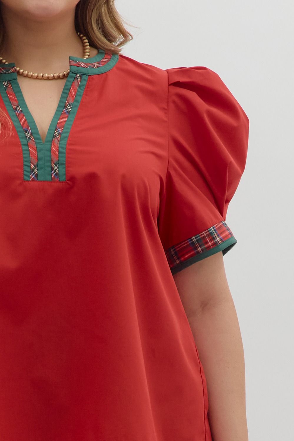 Entro Puff Sleeve Top with Plaid Contrast