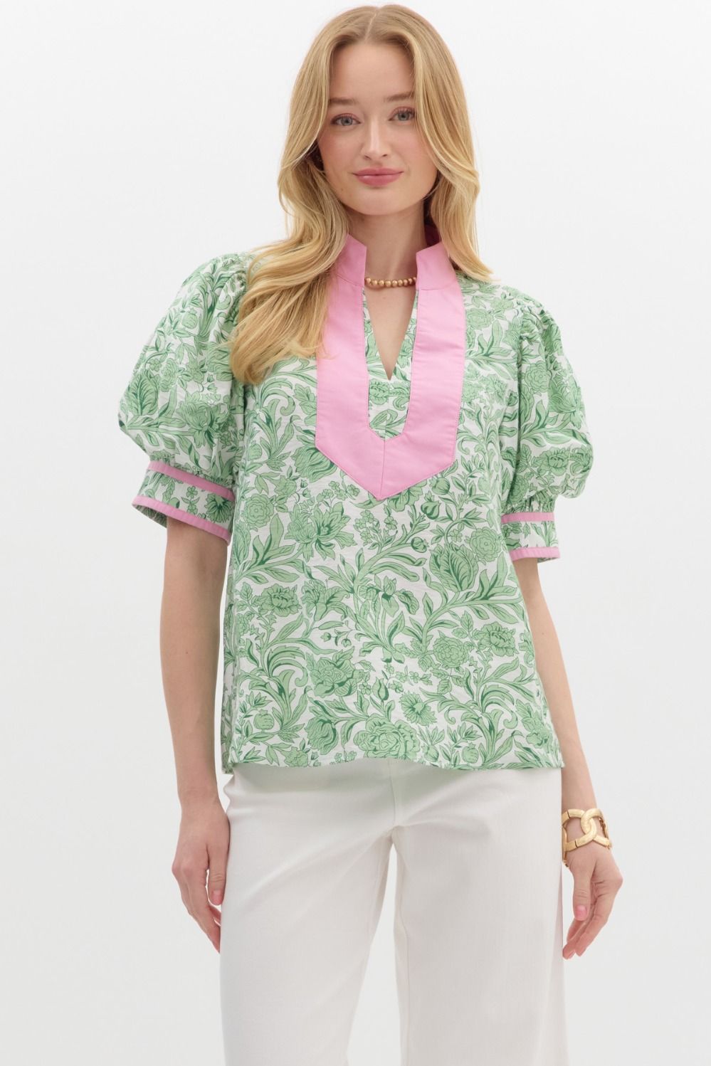 Entro Floral Print Puff Sleeve Caftan Top