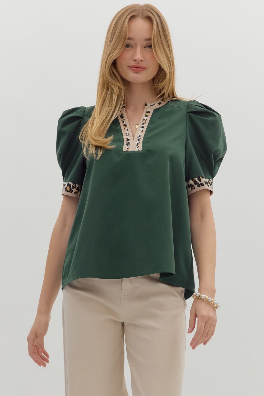 Entro Solid Print Top with Accented Leopard