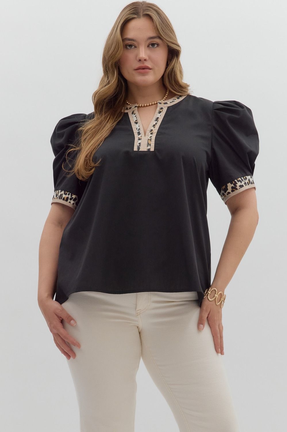 Entro Solid Print Top with Accented Leopard