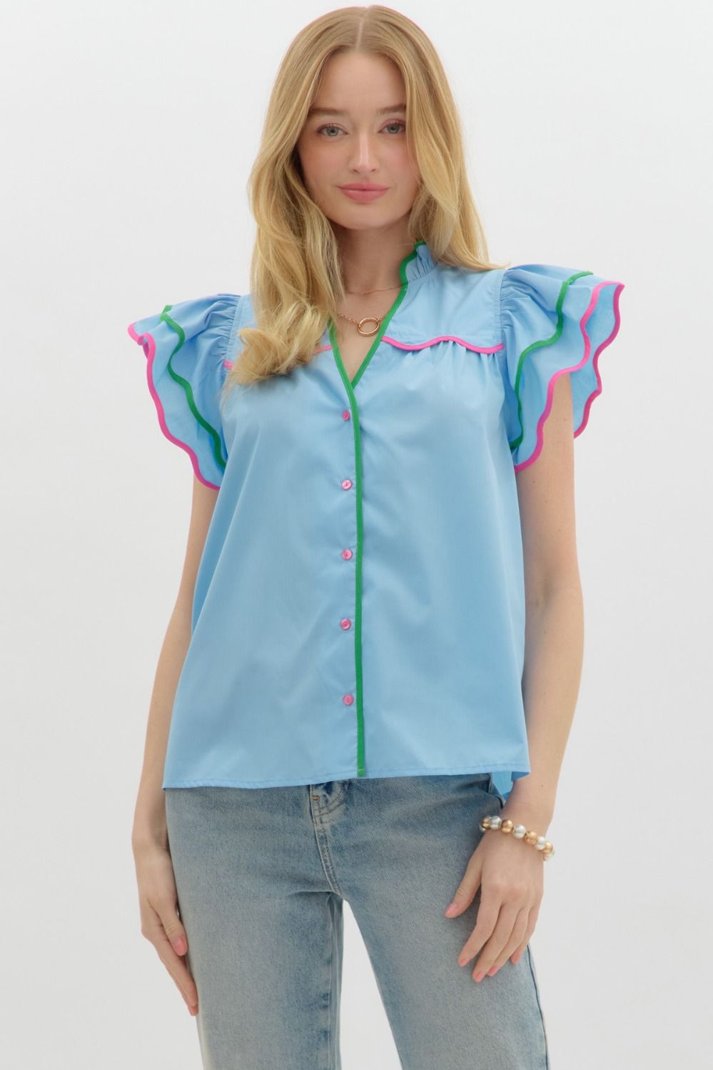 Entro Flutter Sleeve Top with Scallop Edges