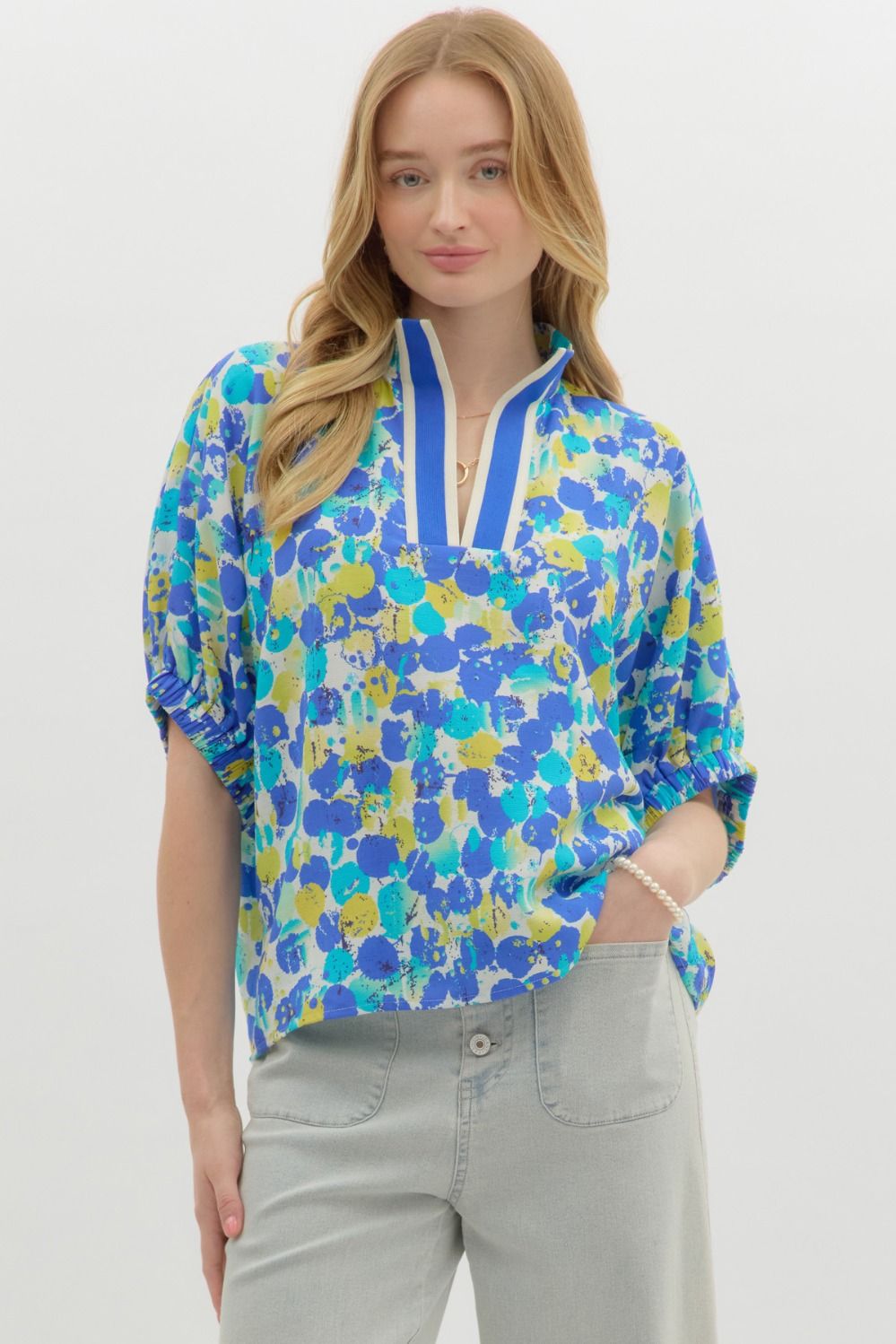 Entro Abstract Print Dolman Top with Split Neck