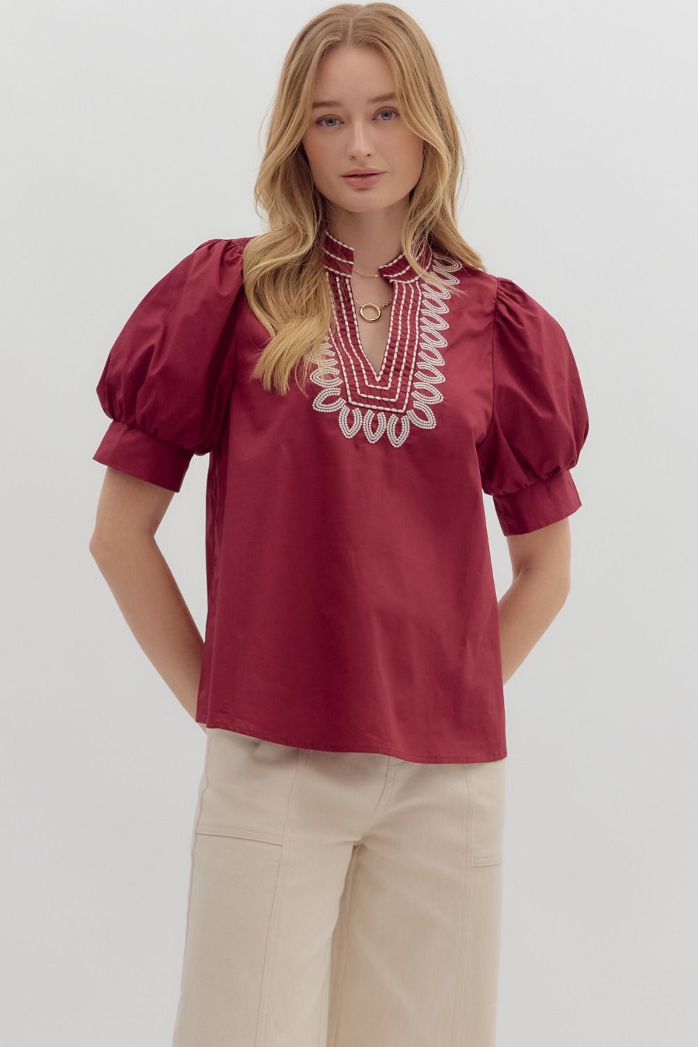 Entro Cuff Band Puff Sleeve Embroidery Top