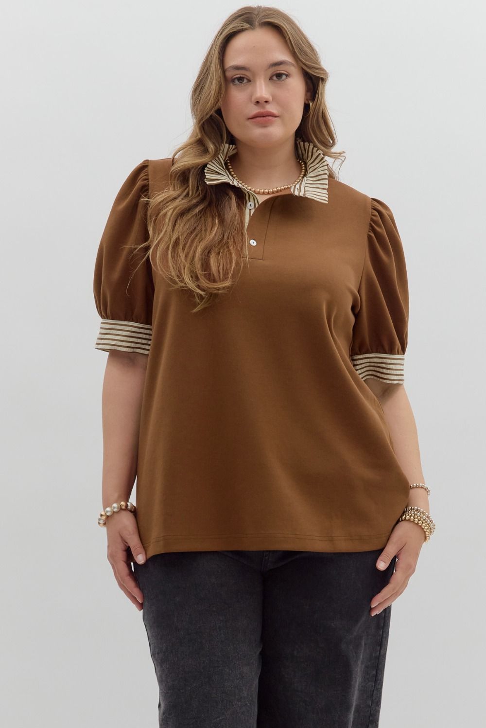 Entro Plus Striped Collar Detail Top