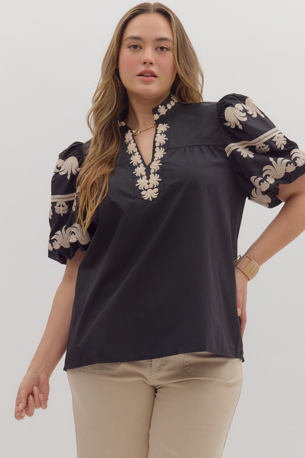 Entro Solid Vneck Top with Embroidery
