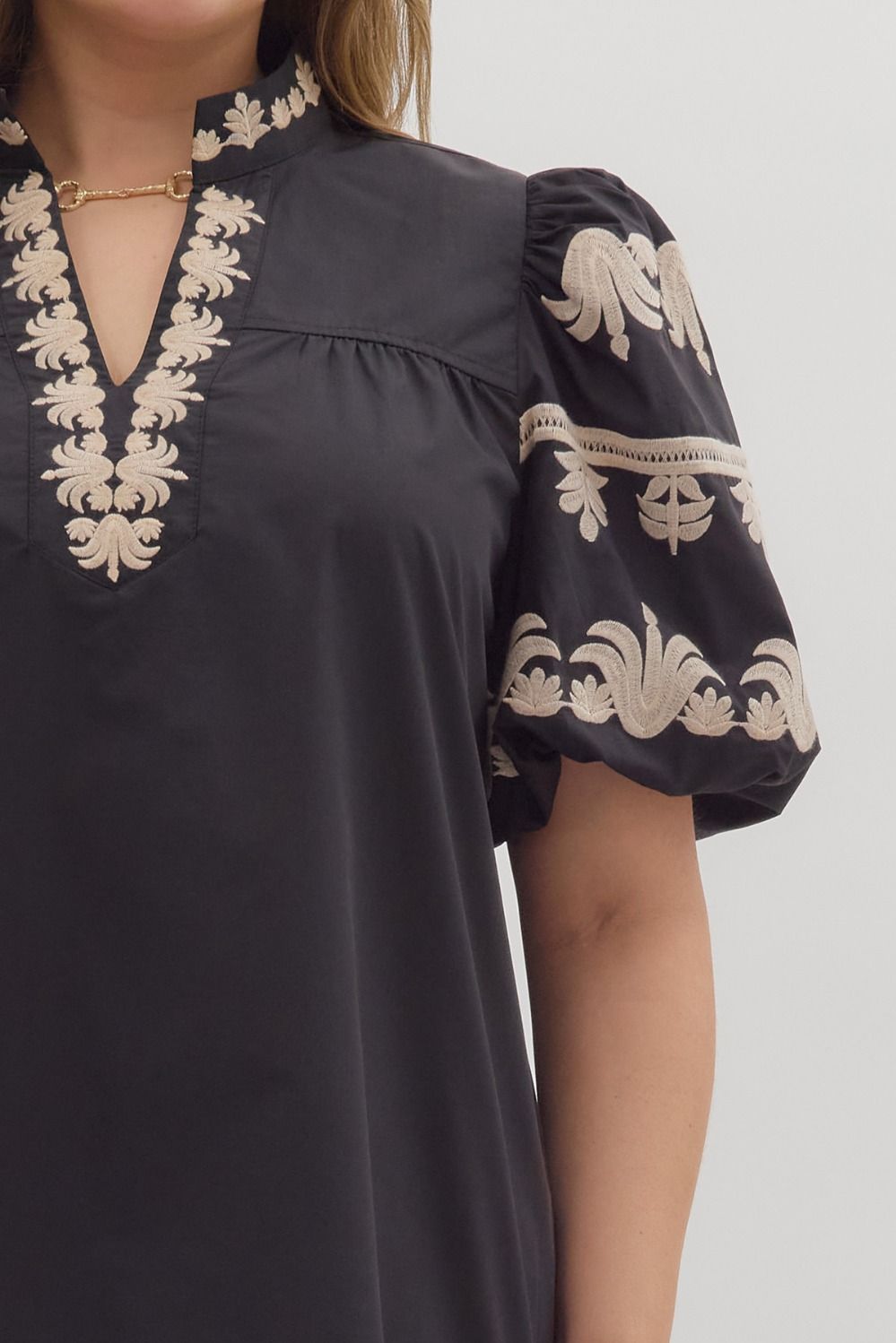 Entro Solid Vneck Top with Embroidery