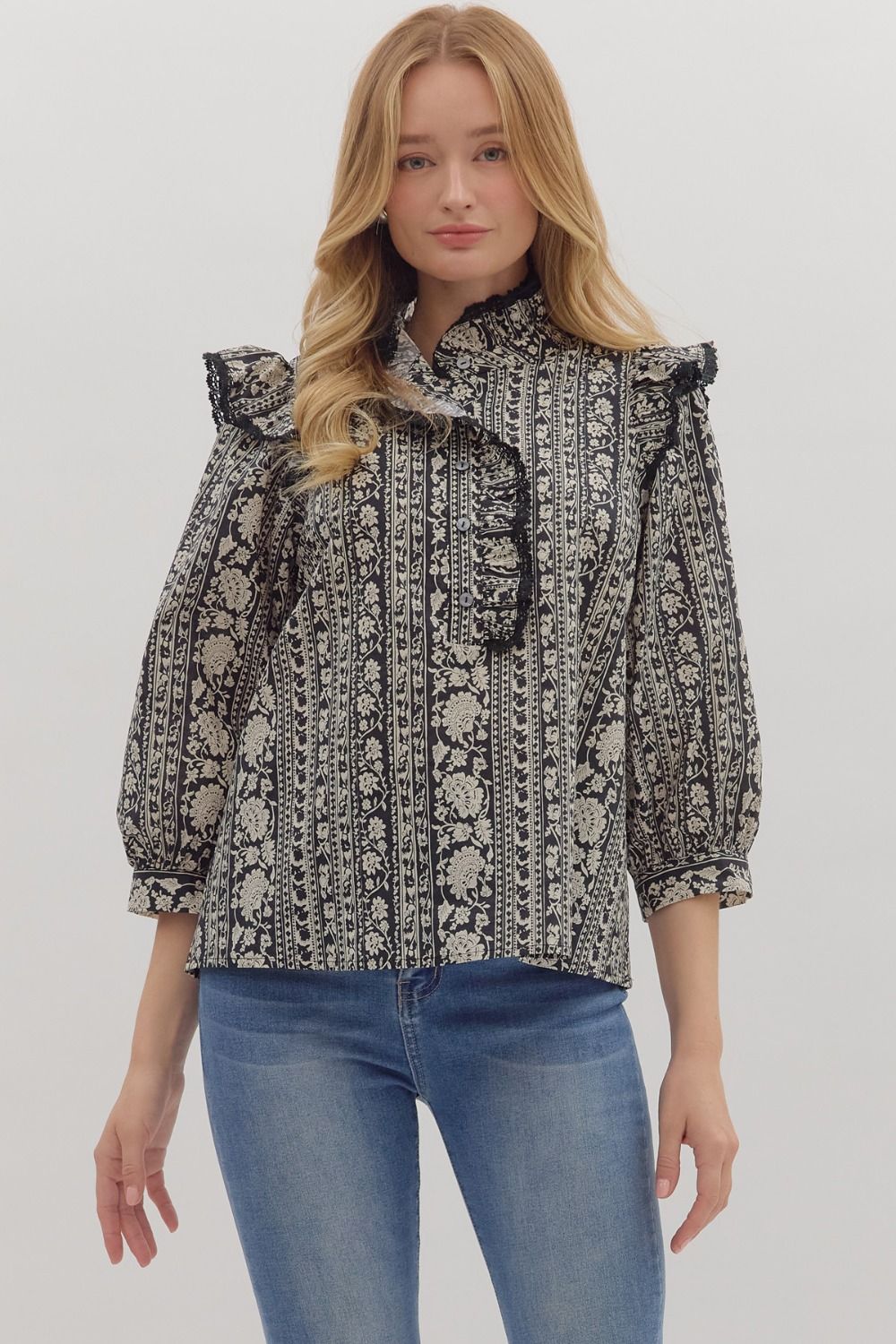 Entro Floral Stripe 3/4 Sleeve Top with Collar