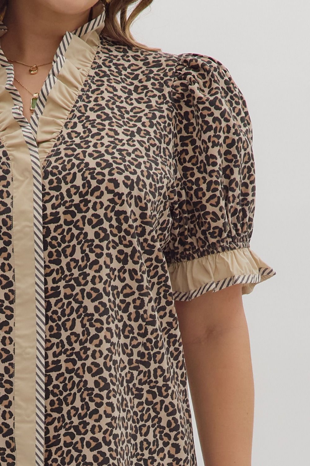 Entro Leopard Print Puff Sleeve Top with Ruffles