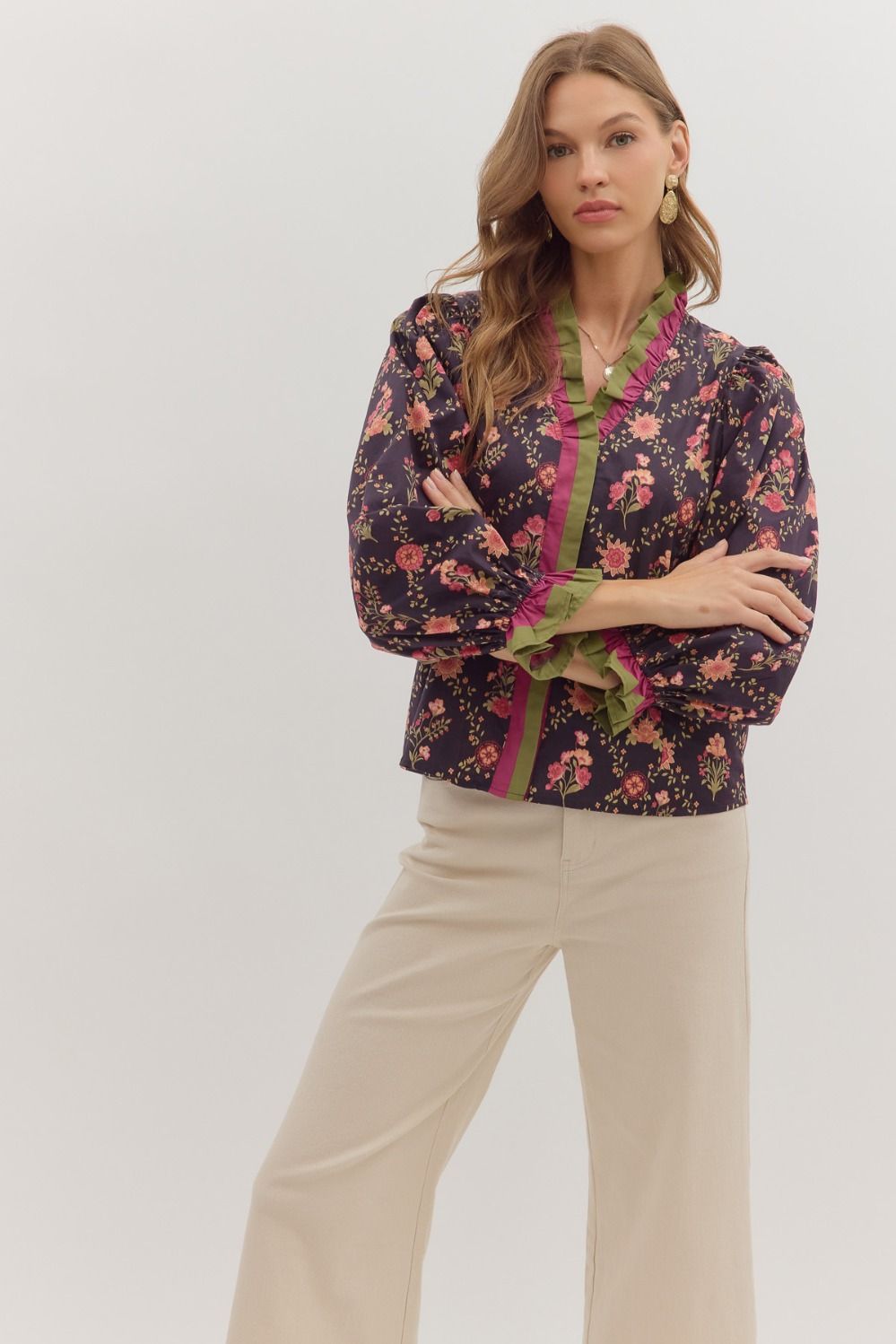 Entro Floral Print Long Sleeve with Stripe Ruffles