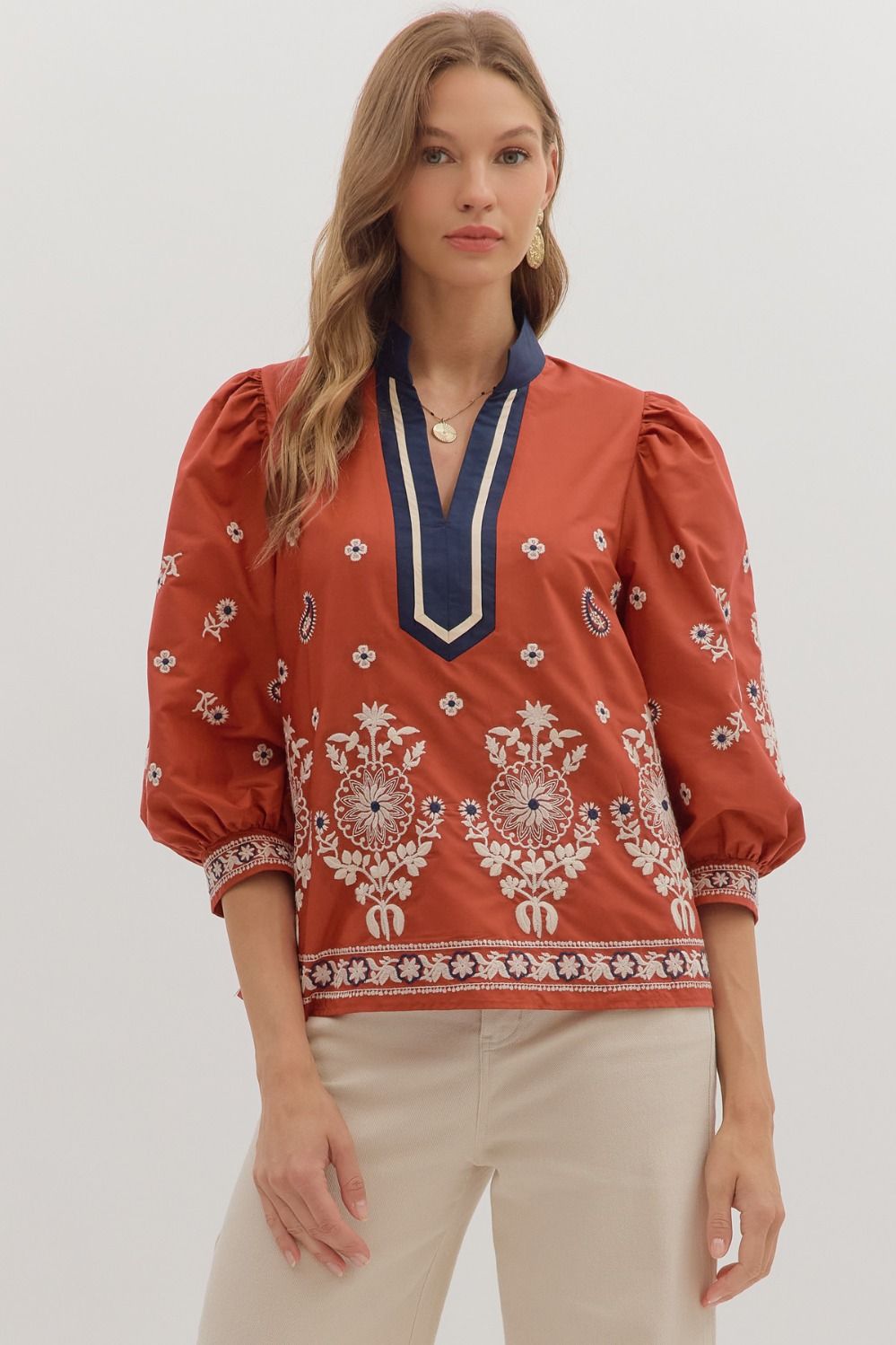 Entro Floral Embroidery 3/4 Caftan Top