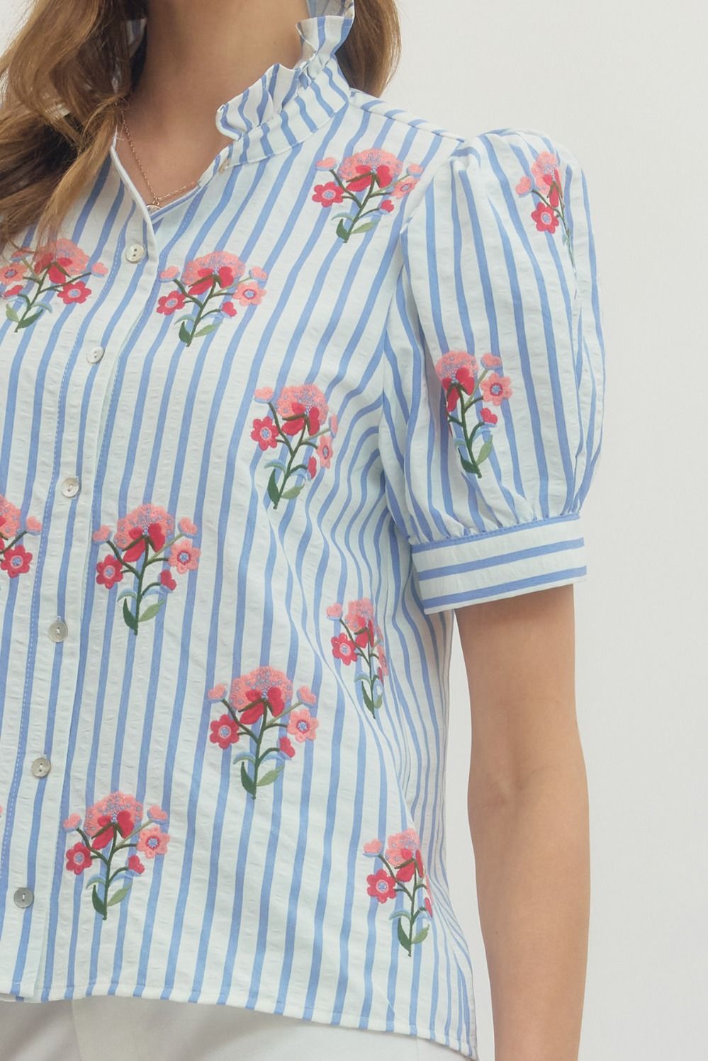 Entro Striped Puff Sleeve Top with Floral Embroidery