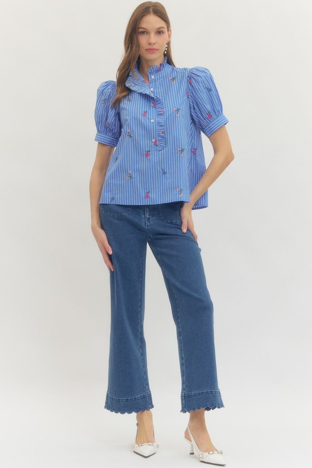 Entro Plus Floral Stripe Embroidered Floral Top