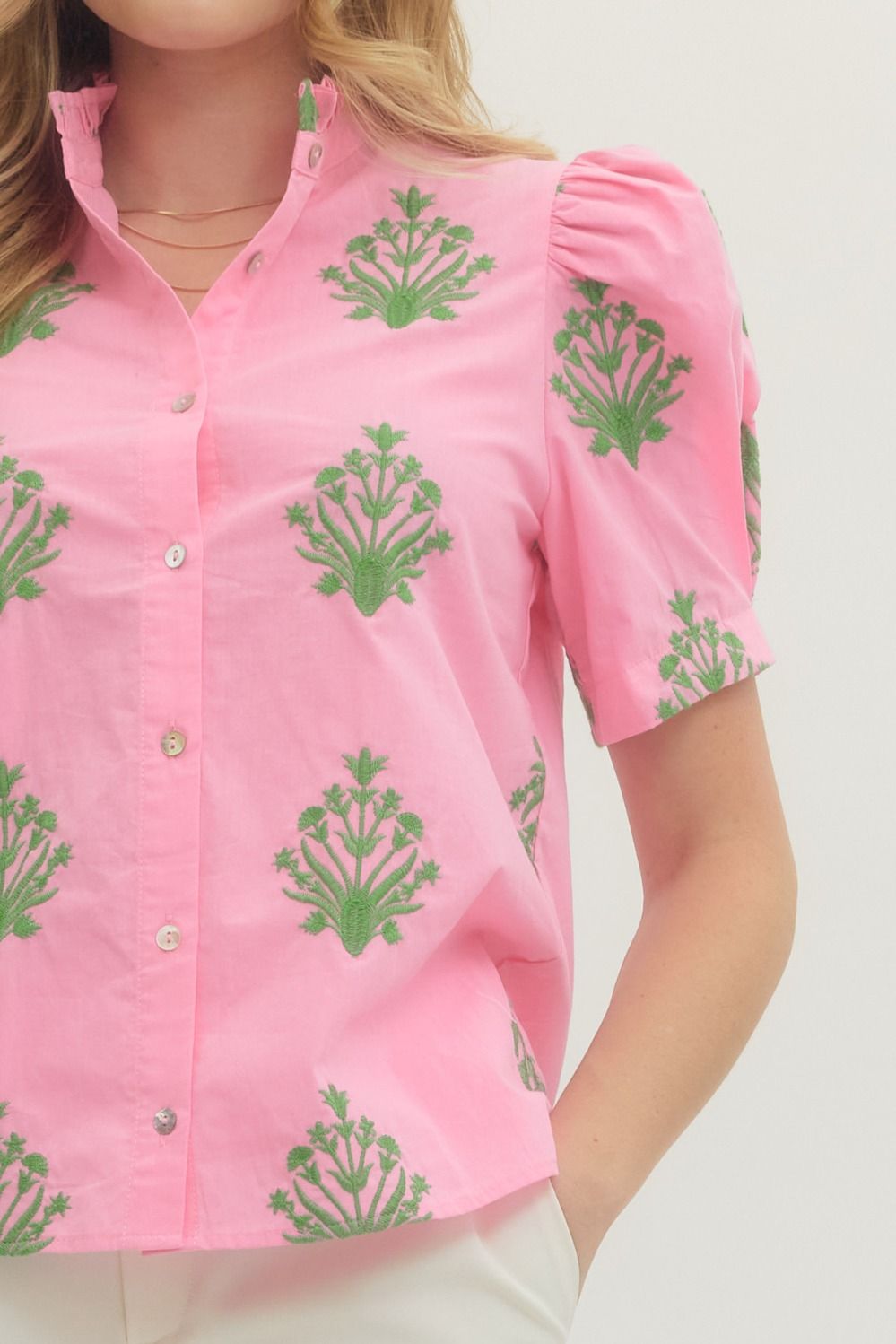 Entro Puff Sleeve Top with Embroidery Flowers