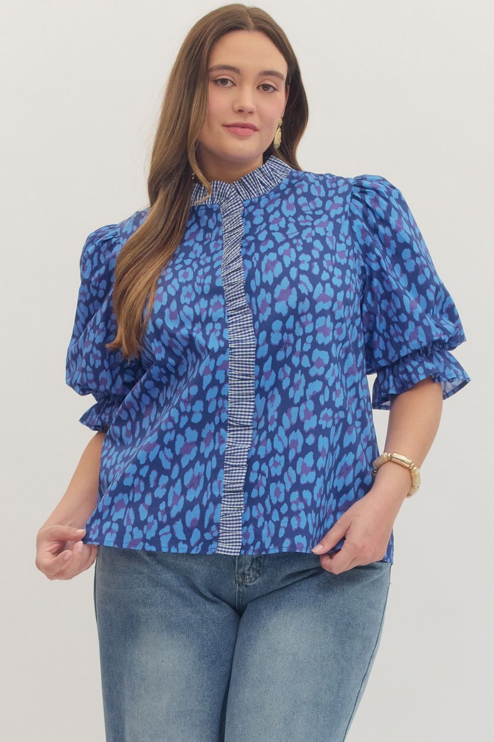 Entro Plus Blue Leopard Print Ruffle Top