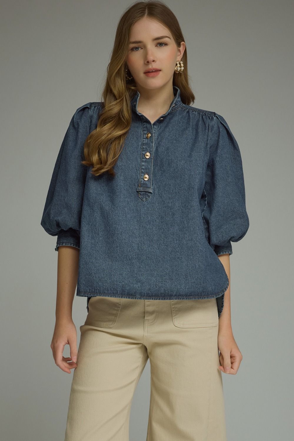 Entro 3/4 Puff Sleeve Denim Top