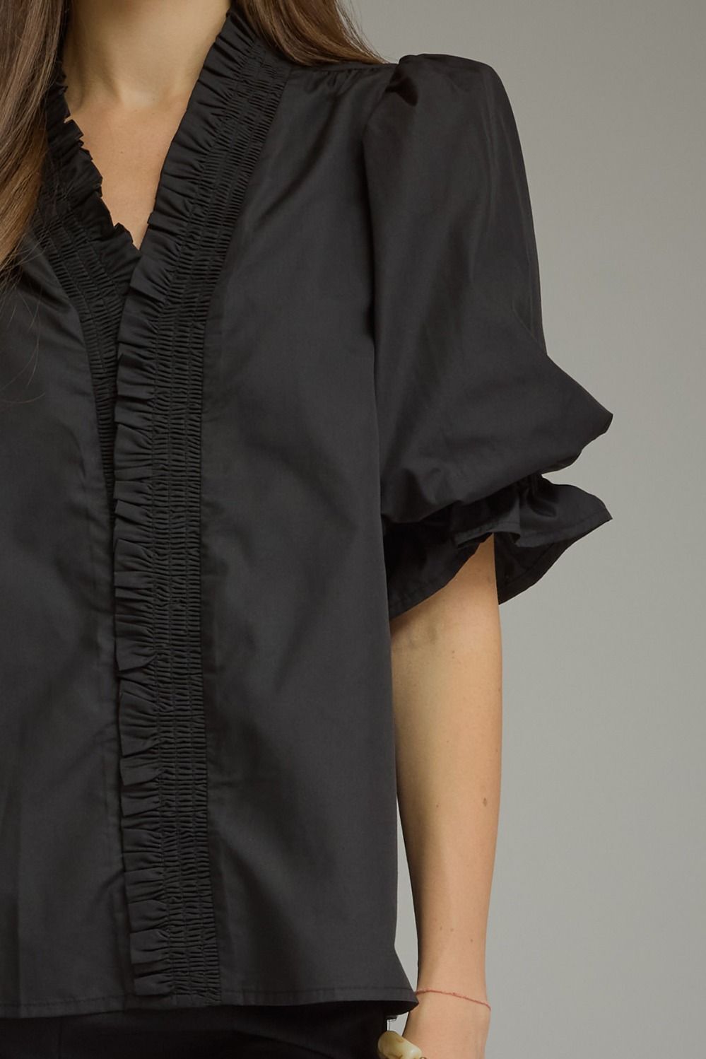 Entro Solid Puff Sleeve Top with Smock V-Neck