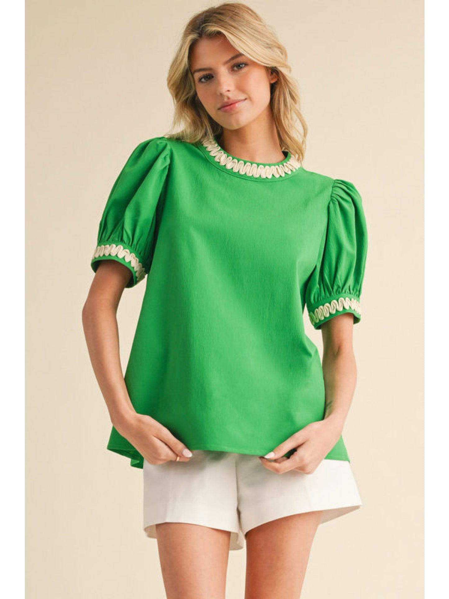 Jodifl Puff Sleeve Top with Swirled Trim Edge