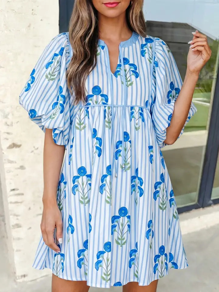 Aapparella Floral Stripe Puff Sleeve Mini Dress
