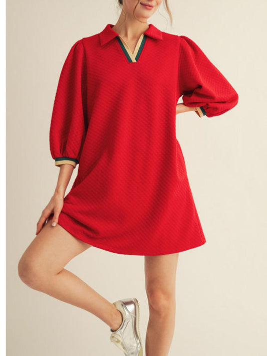 Jodifl 3/4 Puff Sleeve Quilted Dress with Stripes