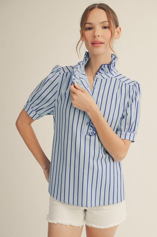 Jodifl Button Up Striped Top with Ruffle