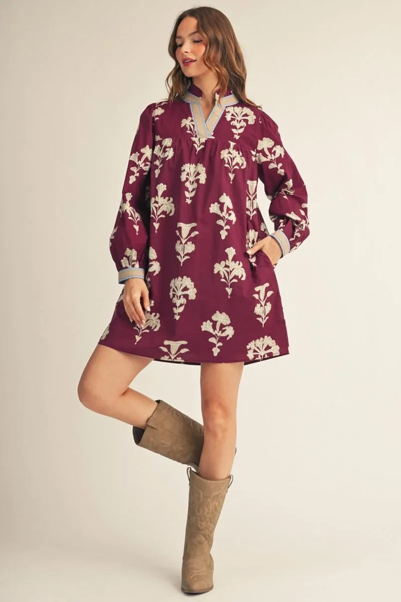 Jodifl Long Sleeve Floral Dress with Stripe Neck