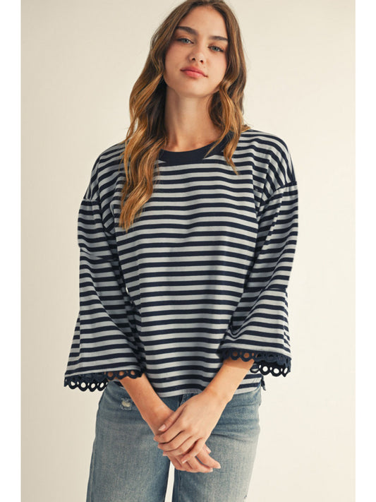 Jodifl 3/4 Sleeve Trimmed Stripe Top