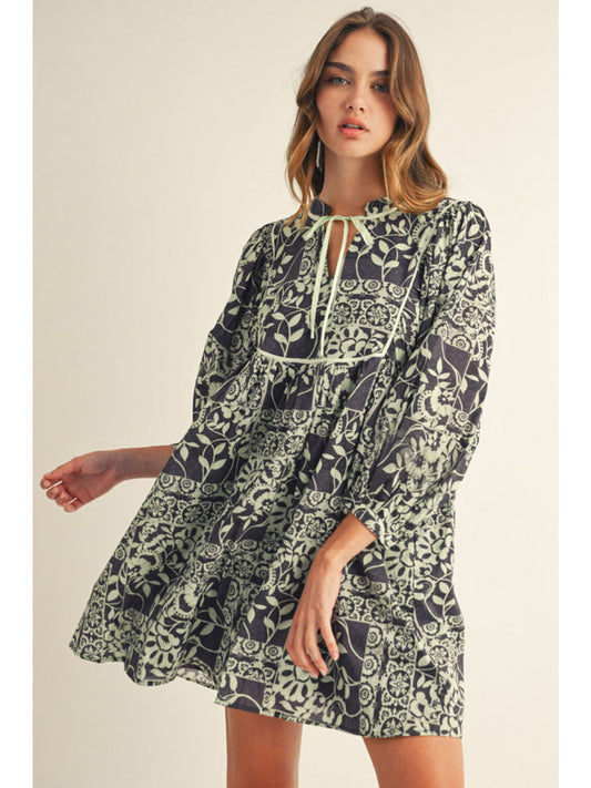 Jodifl 3/4 Boho Floral Tie Neck Dress