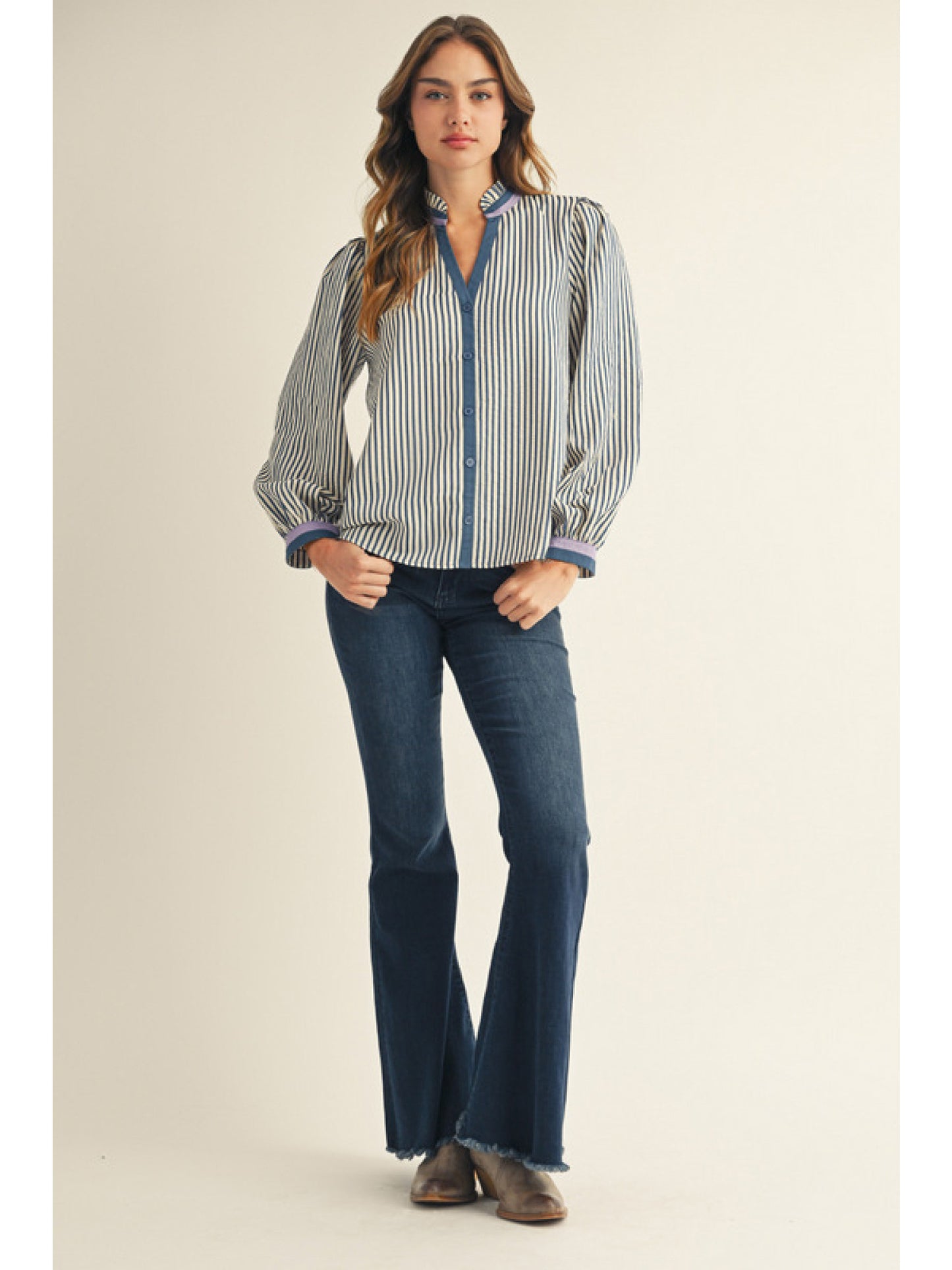 Jodifl Seersucker LS Top with Striped Accent