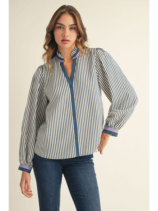 Jodifl Seersucker LS Top with Striped Accent