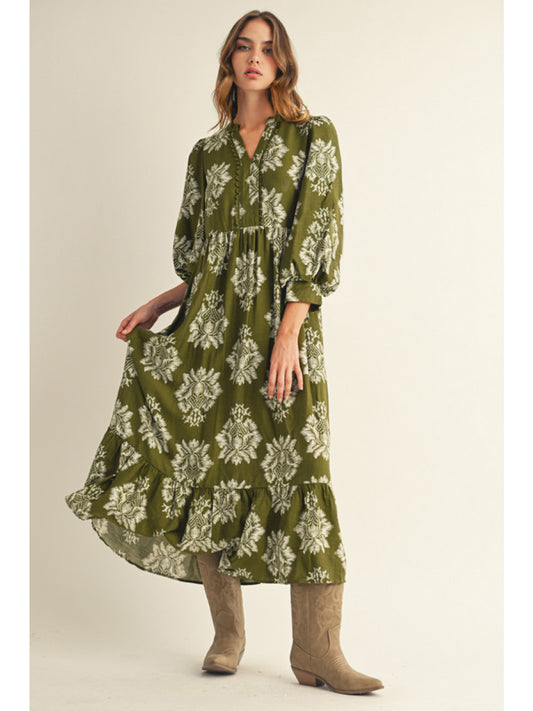 Jodifl Boho Floral Midi Dress with Trim