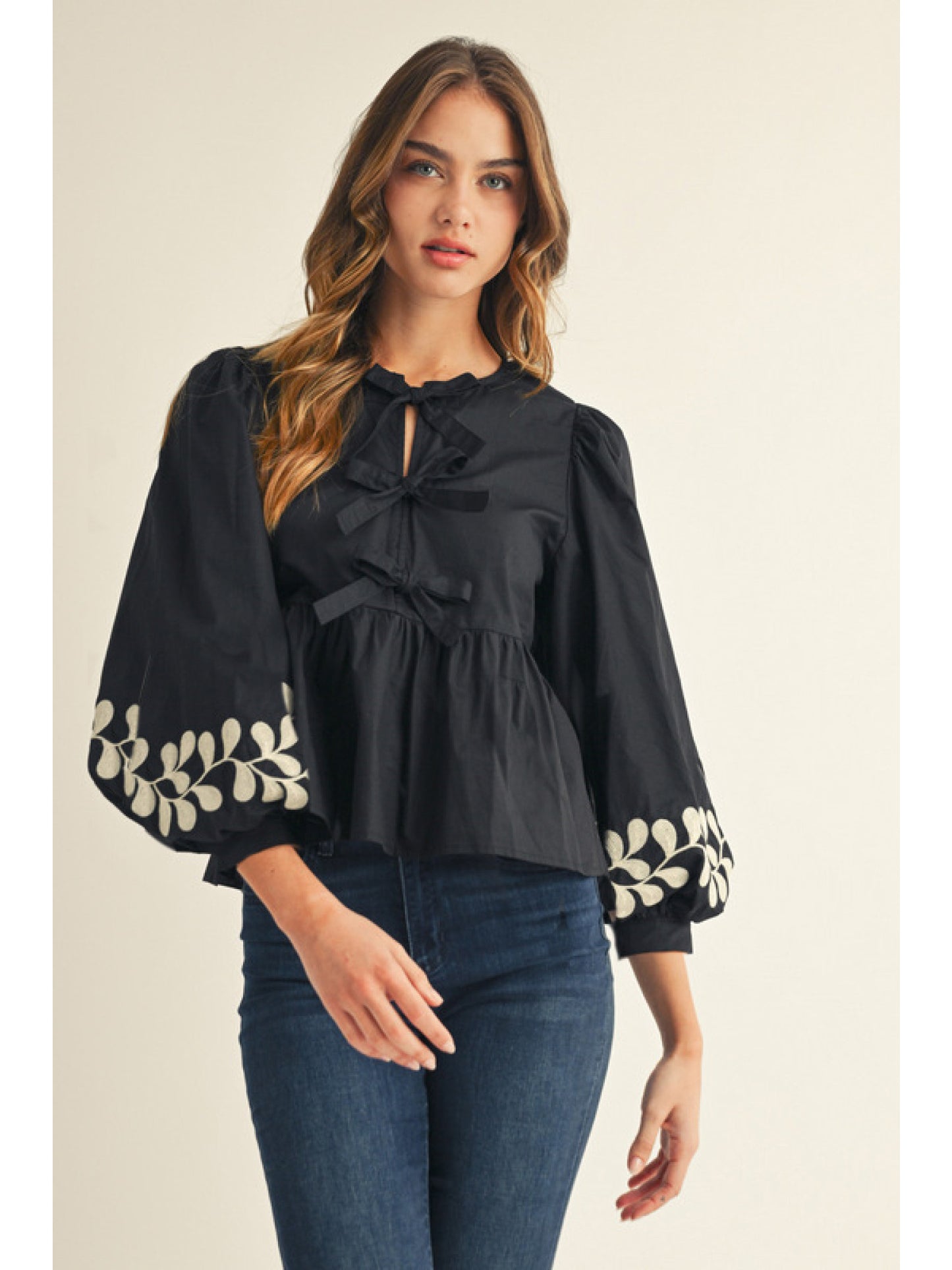 Jodifl Peplum Bow Top with Embroidered Edges