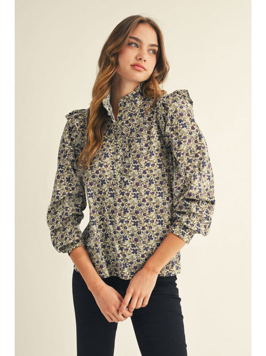 Jodifl LS Floral Top with Ruffle Neckline