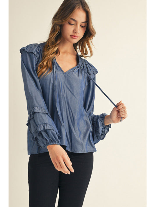 Jodifl Chambray Peasant Style Top