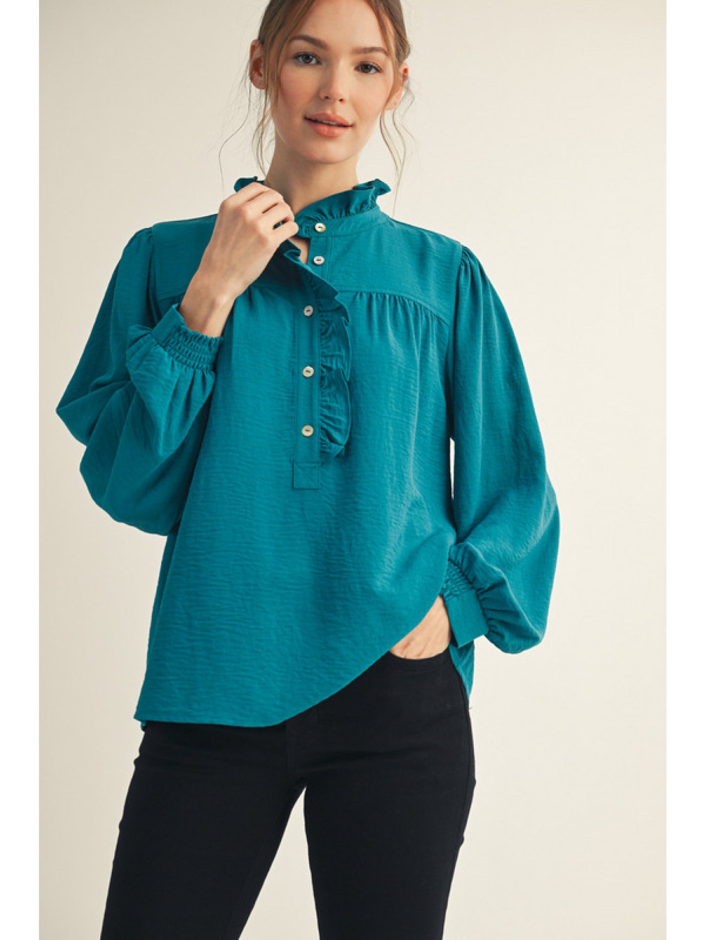 Jodifl Long Sleeve Ruffle Mock Neck Top