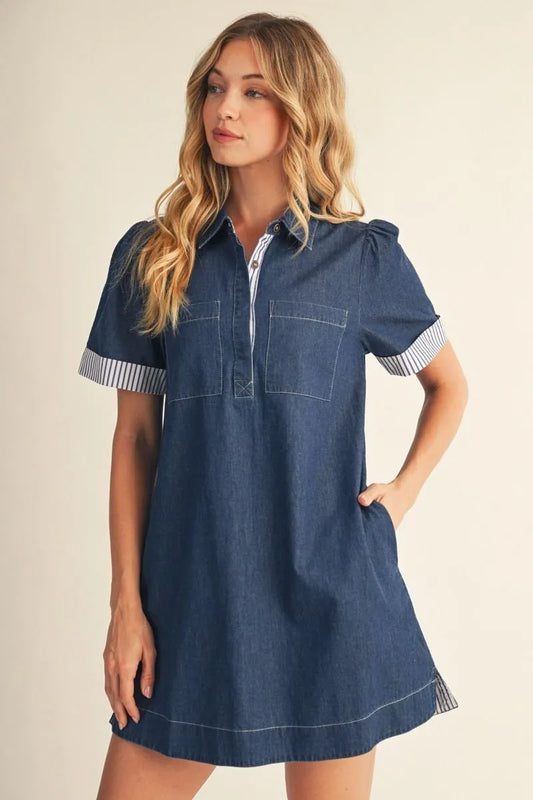 Jodifl Short Sleeve Denim Dress with Stripes