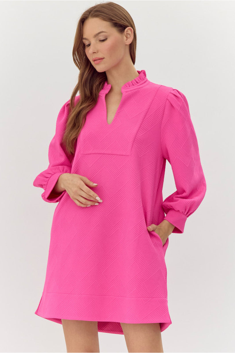 Jodifl Hot Pink Textured V Neck Dress