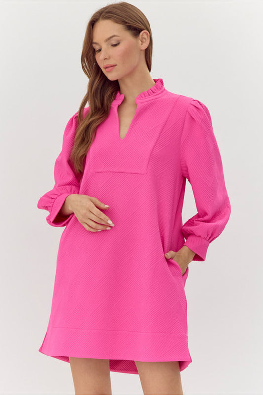 Jodifl Hot Pink Textured V Neck Dress