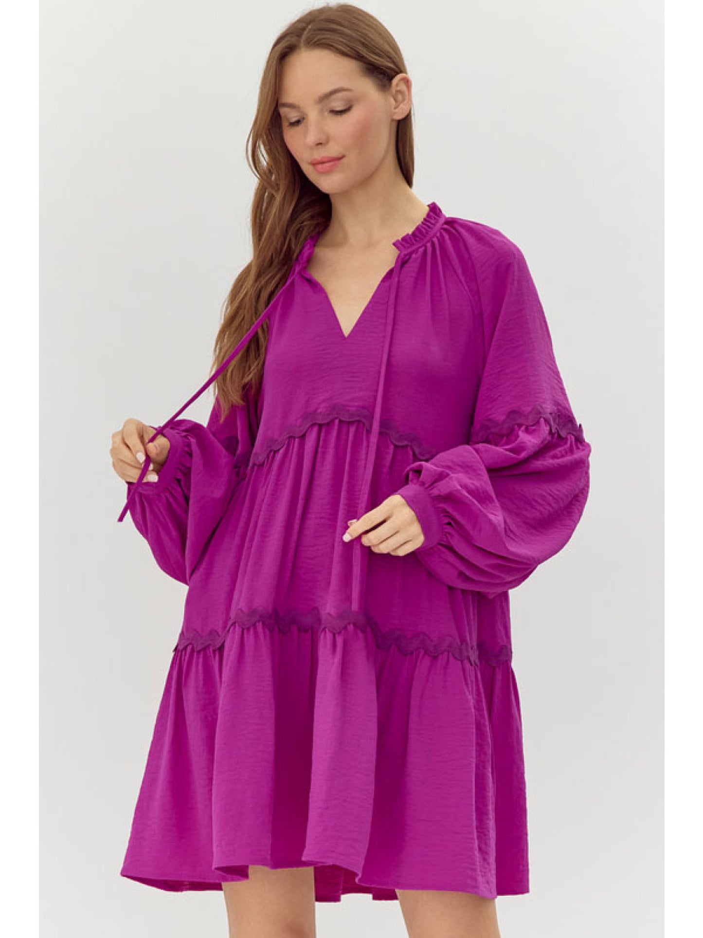 Jodifl Ric Rac LS Tiered Dress - Magenta