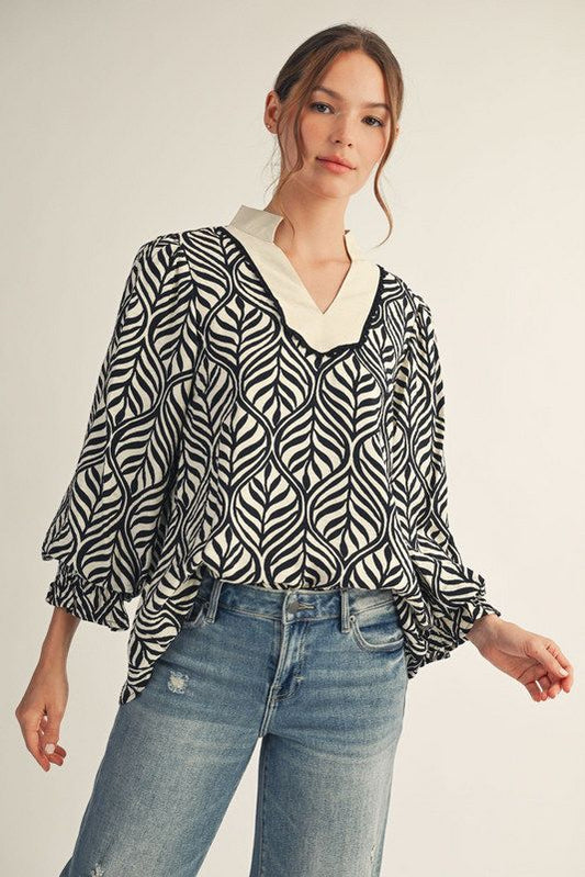 Jodifl 3/4 Sleeve Boho Leaf Print Top