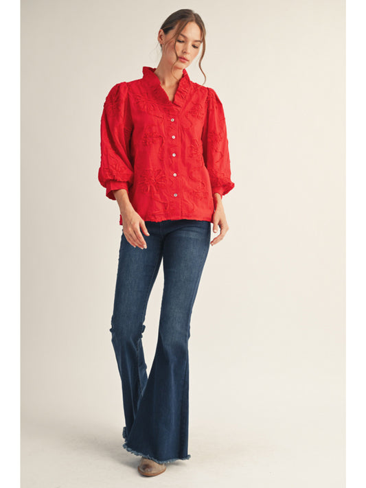 Jodifl 3/4 Sleeve Top with Puffed Flowers