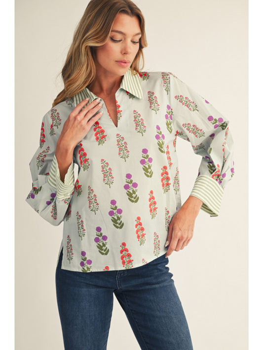 Jodifl Floral Print Top with Contrast Stripe Cuffs