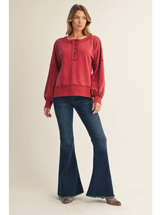 Jodifl Long Sleeve Henley Raw Hem Sweatshirt